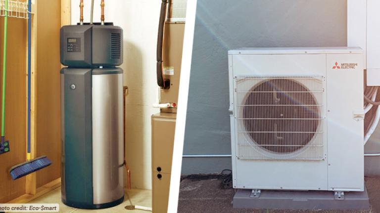 A heat pump water heater and heat pump displayed side-by-side
